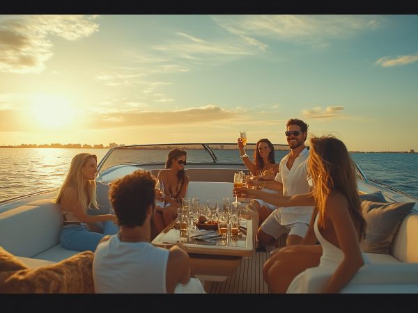 Group of friends enjoying a sunset dinner party on a luxury yacht.