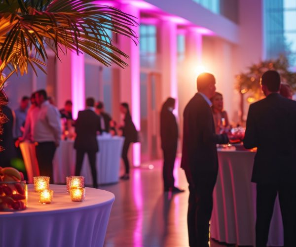 Colleagues meet at an office party in a luxury restaurant, enjoying the evening atmosphere and delicious snacks.